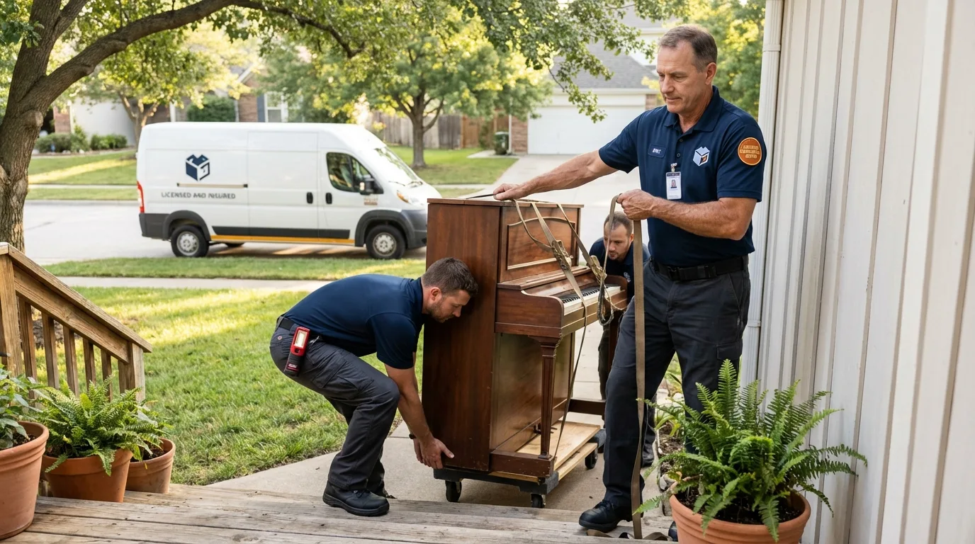 Licensed piano movers securing grand piano in Silver City, NM