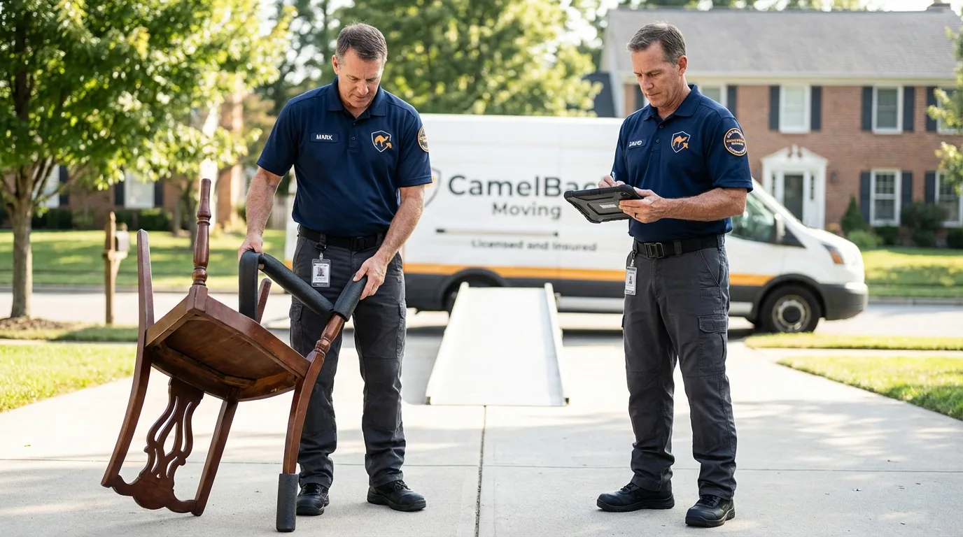 Movers inspecting furniture for damage prevention before loading in Silver City, NM
