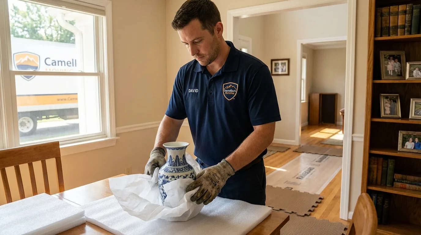 Professional crew carefully wrapping antique vase for senior downsizing move in Silver City, NM